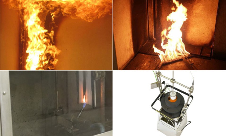 4 različite fotografije koje prikazuju različite metode ispitivanja gorivosti - SBI EN 13823, EN ISO 11925-2 i EN ISO 1182