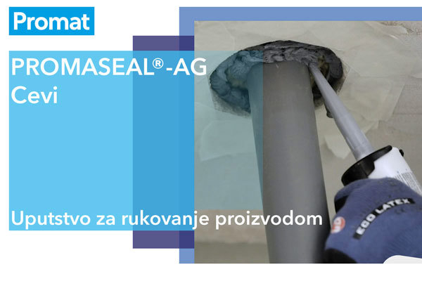 Nalepnica uputstva za rukovanje PROMASEAL®-AG cevima na kojoj se nalaze Promat logo i prikaz nanošenja proizvoda oko cevi.