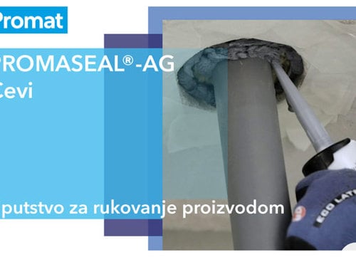 Nalepnica uputstva za rukovanje PROMASEAL®-AG cevima na kojoj se nalaze Promat logo i prikaz nanošenja proizvoda oko cevi.