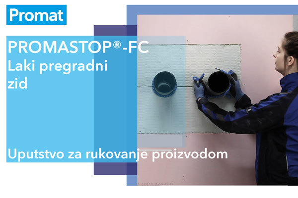 Nalepnica PROMASTOP®-FC uputstva za rukovanje sa Promat logom u gornjem levom uglu i slikom stručnjaka koji radi.