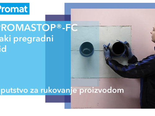 Nalepnica PROMASTOP®-FC uputstva za rukovanje sa Promat logom u gornjem levom uglu i slikom stručnjaka koji radi.