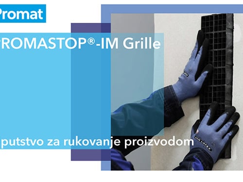 Nalepnica PROMASTOP®-IM Grille uputstva za rukovanje proizvodom sa Promat logom u gornjem levom uglu i prikazom instaliranja.