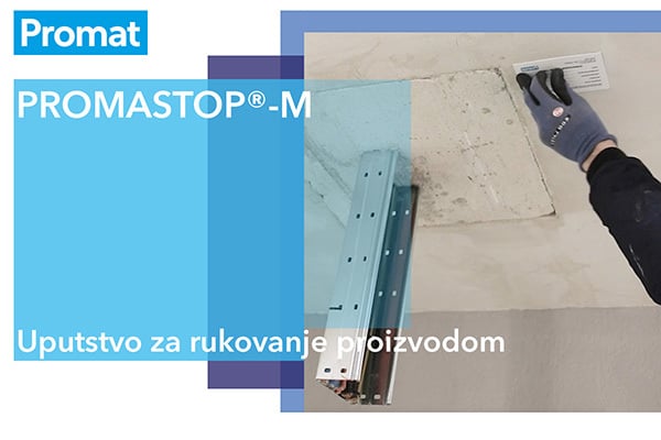 Nalepnica PROMASTOP®-M uputstva za upotrebu na kojoj je prikaz ruke u rukavici koja lepi, a pored koje je metalna šina. 