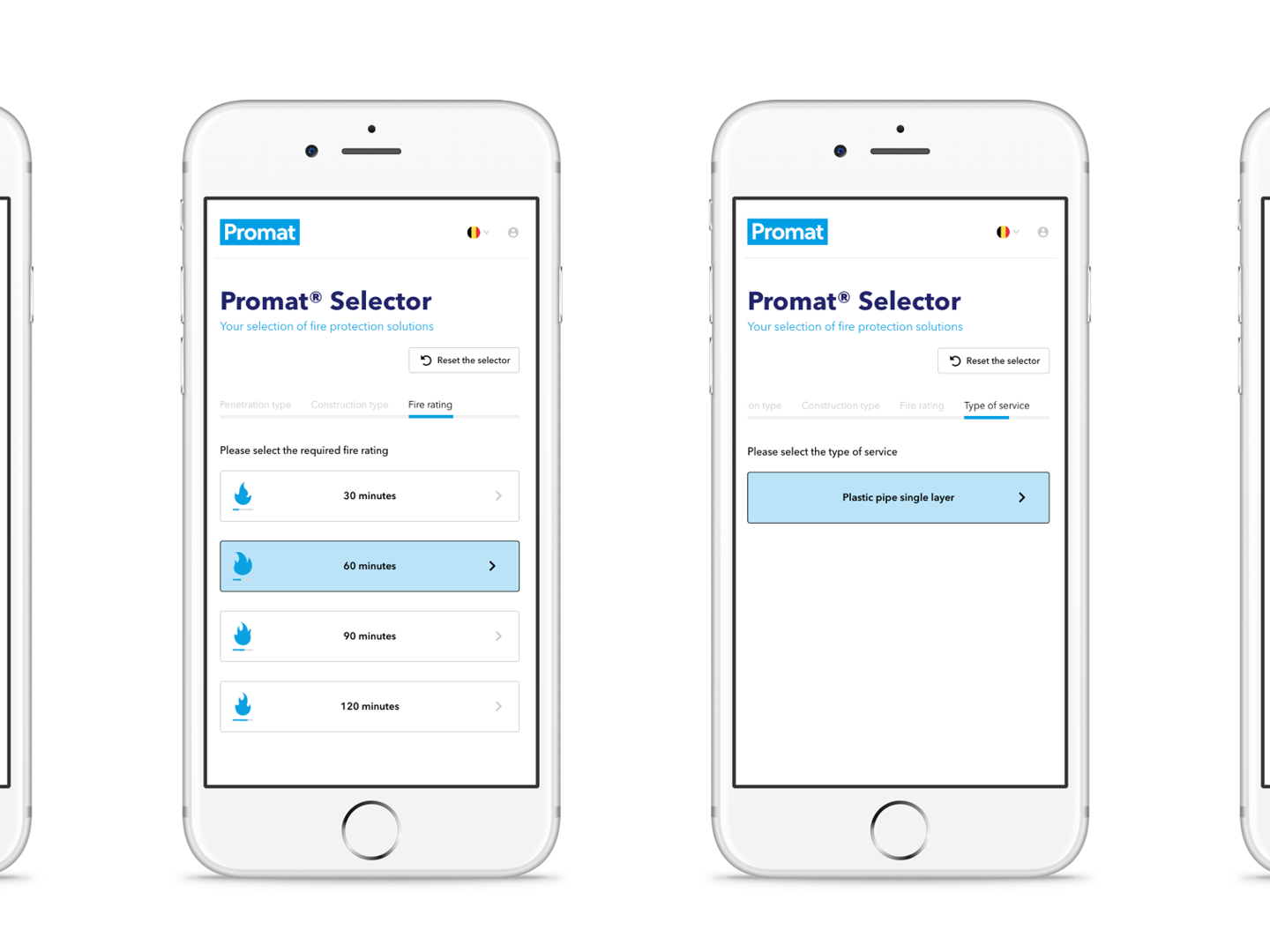Snímky obrazovky z aplikácie Promat Selector na výber produktov pasívnej požiarnej ochrany, zobrazené na štyroch mobilných telefónoch.